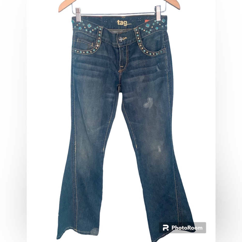 Tag+Jeans VTG Y2K Flare Flap Back Pockets Turquoise Studded Size 27